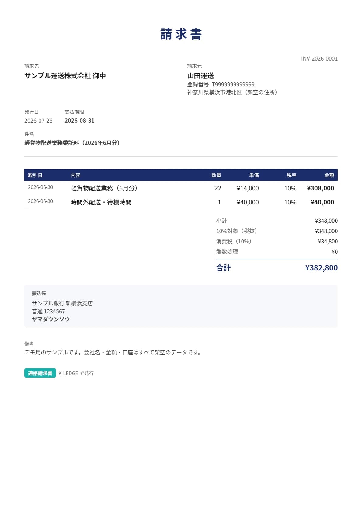 請求書のサンプル（架空データ）
