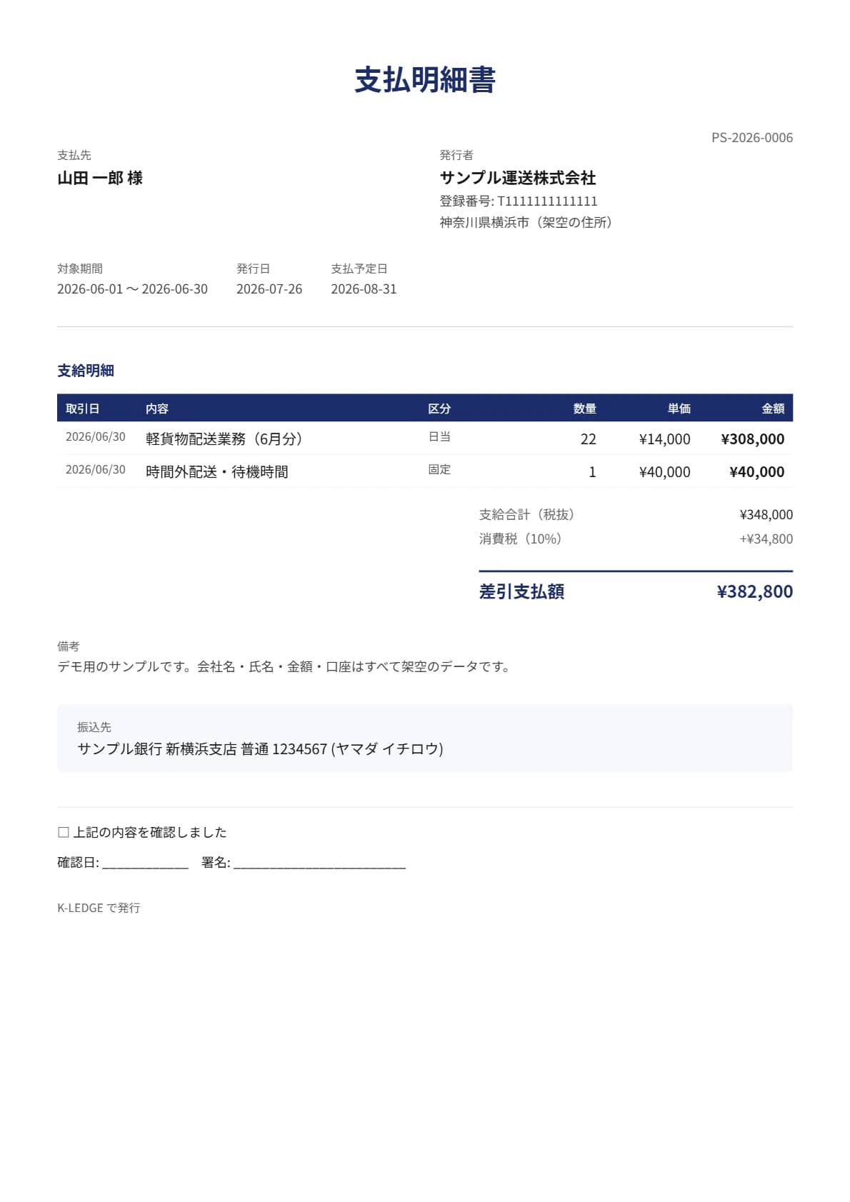 支払明細書のサンプル（架空データ）